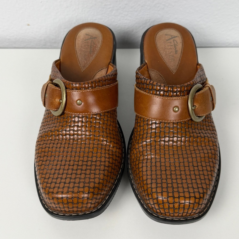 Clarks Artisan Mules Woven Leather Buckle 7.5M Brown Wedge Clogs - Picture 2 of 14
